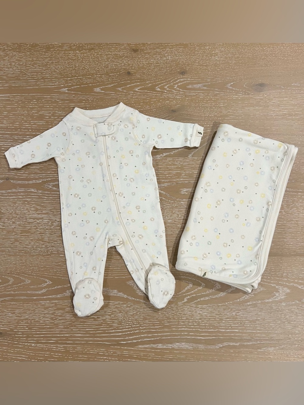Easy Peasy Organic Cotton Sleeper & Blanket Set Ivory Footie Swaddle Sz Newborn
